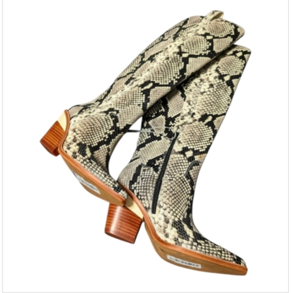 Cream and Black Heeled Boots with Snakeskin Pattern